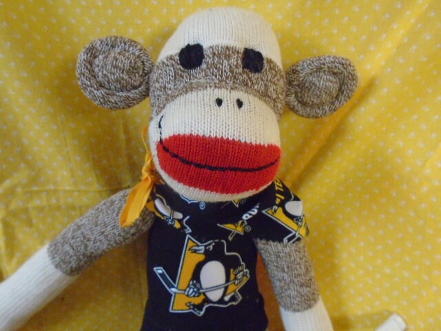 Pittsburgh Penguins Hockey Sock Monkey Doll With Hockey Stick and