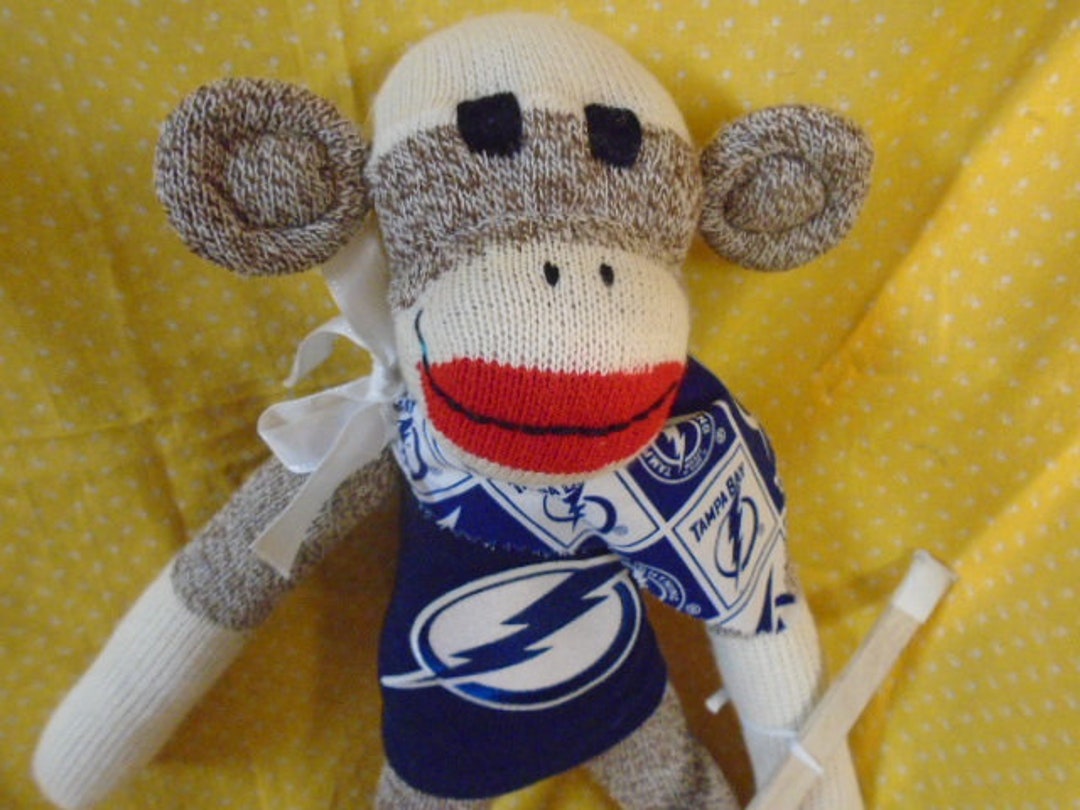 Tampa Bay Lightning Hockey Sock Monkey Doll With Hockey Stick and Puck 