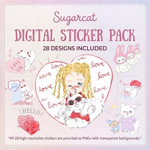 Sugarcat Digital Sticker Pack for Goodnotes, Cute Cat Planner Stickers, Kawaii Hand-drawn Stickers, Pre-cropped PNG Files for Digital Journa
