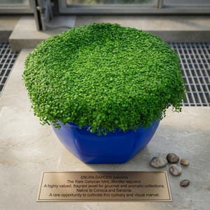 以下が含まれることがあります： 鮮やかな緑色のコルシカミント（Mentha requienii）が光沢のある青いボウルで育っています。手前の長方形の真鍮プレートには「ENURA GARDEN presents The Rare Corsican Mint, Mentha requienii. A highly valued, fragrant jewel for gourmet and aromatic collections. Native to Corsica and Sardinia. A rare opportunity to cultivate this culinary and visual marvel.」と刻まれています。プレートの近くには小さな滑らかな灰色の石がいくつか置かれています。