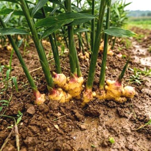 May include: Close-up of ginger plants growing in soil. The image shows the green stalks and leaves of the plant, with the yellow and pink ginger roots partially exposed in the brown earth. The ginger is in a field.