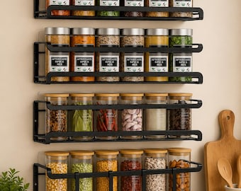 Wall Mounted Spice Rack Organizer Set, Metal Kitchen Storage Shelves, Pantry Door Spice Holder, Cabinet Organizer with Hooks, 2 or 4 Pack