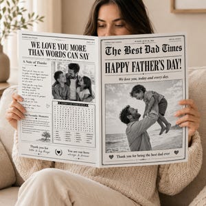 May include: A personalized newspaper titled The Best Dad Times featuring black and white photographs of a parent and children, a word search puzzle, and text including We Love You More Than Words Can Say and Happy Father's Day, Sunday, June 16, 2024.
