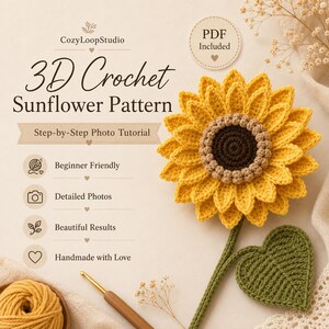 Pode incluir: Um padrão de girassol em crochê 3D da CozyLoopStudio com etiqueta de PDF incluído, tutorial fotográfico passo a passo e ícones para iniciantes, fotos detalhadas e feito à mão. Um girassol amarelo com um centro castanho.