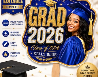 Plantilla editable de Canva para abanico de graduación azul 2026, foto personalizada de abanico de pala de la clase de 2026, descarga digital imprimible para fiesta de graduación de último año