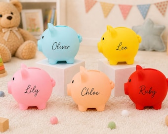 Personalized Name Piggy Bank for Kids, Unbreakable Coin Savings Jar, Gentle Pig Shape Money Box, Keepsake Birthday and Baby Shower Gift