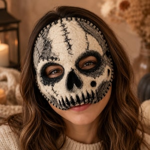 Handmade Wool Felt Skull Mask, Gothic Halloween Costume, Stitched Skeleton Face Mask, Spooky Masquerade Accessory for Gothic Costume Parties
