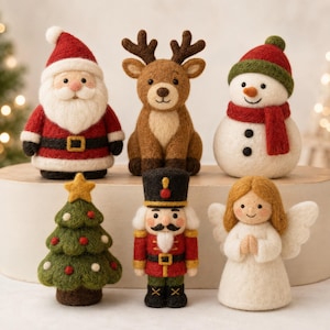 May include: A set of six needle-felted Christmas figurines including Santa Claus, a reindeer, a snowman, a decorated pine tree, a nutcracker, and an angel. Each figure is crafted from soft wool with detailed features and festive colors.