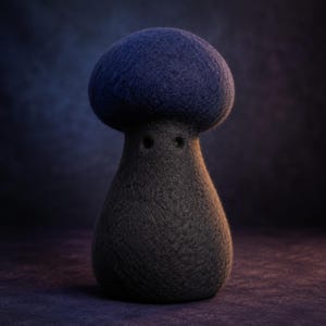 May include: A needle-felted mushroom figurine featuring a rounded, dark blue cap and a tapered, charcoal grey stem. The stem includes two small, circular indentations near the top that resemble eyes, giving the object a simple, anthropomorphic appearance.