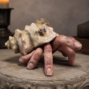 May include: A sculpture featuring a textured, beige and green spiral seashell resting atop several realistic, flesh-toned fingers. The fingers are arranged in a splayed, crawling position, with visible skin texture, knuckles, and fingernails.