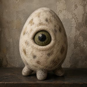 May include: A needle-felted egg-shaped creature with a textured cream and brown mottled surface. It features a single large central eye with a green iris and a black pupil, supported by three small, rounded, felted feet at the base.