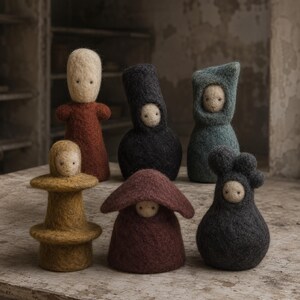 May include: A collection of six needle-felted wool figurines in various shapes and colours, including a tall cream and rust figure, a black hooded figure, a teal hooded figure, a mustard yellow tiered figure, a maroon mushroom-shaped figure, and a dark grey rounded figure.
