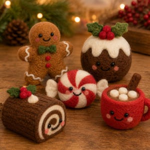 May include: A collection of five needle-felted Christmas ornaments including a brown gingerbread person, a brown pudding with holly, a red and white peppermint candy, a brown Swiss roll cake with holly, and a red mug filled with marshmallows.