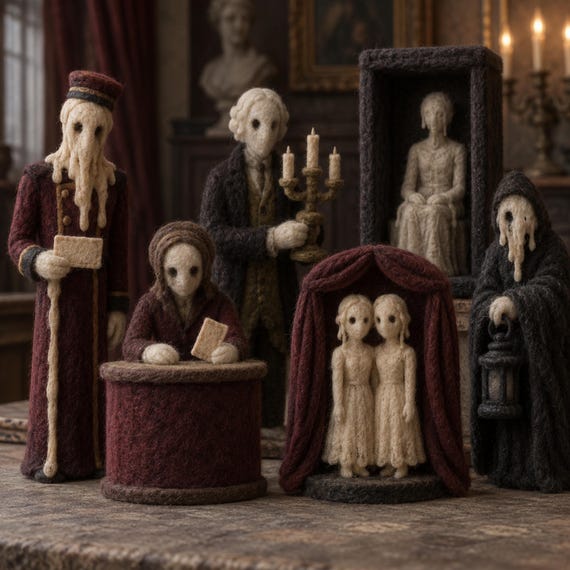 Tiny handmade felt wax-museum-style horror figurines — a genuinely surreal, 'a real human spent hours making this' curio cabinet gem that feels like a miniature haunted attraction.