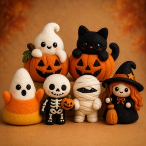 May include: A collection of six needle-felted Halloween figures including a white ghost in a pumpkin, a black cat in a pumpkin, a candy corn figure, a skeleton holding a small pumpkin, a white mummy, and a witch with orange hair and a broom.