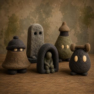 Puede incluir: Una colección de cinco figuras de lana fieltrada con aguja en tonos tierra de marrón, gris y verde oliva. El conjunto incluye una figura con capucha, un monolito rectangular alto, una persona sentada bajo un arco, una forma bulbosa y una figura redonda.