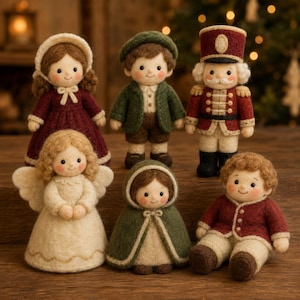 Vintage Weihnachtsfiguren aus Wollfilz, Nussknacker-Engelpuppen, viktorianische Weihnachtsminiaturen, handgefertigtes Winter-Tischdeko-Geschenkset