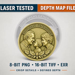 May include: A circular gold-toned medallion featuring a relief sculpture of an older couple and a child in the center. The text 'LOVE SPANS GENERATIONS' is engraved along the top edge. Below the figures are oak leaves and acorns. Text includes 'LASER TESTED', 'DEPTH MAP FILES', '8-BIT PNG', '16-BIT TIFF', and 'EXR'.