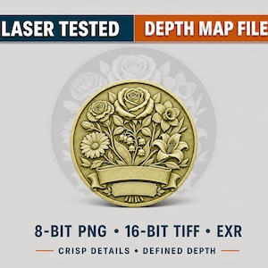 May include: A circular gold-toned medallion featuring a relief design of a floral bouquet with a rose, lily, and other flowers above a blank banner. Text reads: LASER TESTED, DEPTH MAP FILES, 8-BIT PNG, 16-BIT TIFF, EXR, CRISP DETAILS, DEFINED DEPTH.