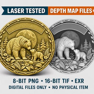 Mother Bear and Cub 3D Relief Depth Map, Woodland Family Medallion for Laser Engraving, Blank Nameplate, 8-Bit 16-Bit EXR Digital Download
