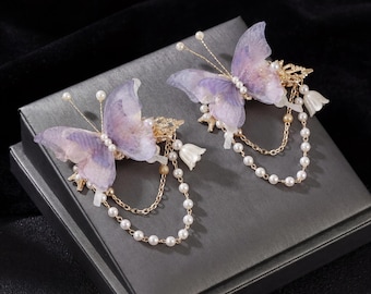 Accesorios para el cabello de novia con mariposas moradas, pinzas para el cabello con forma de mariposa, delicadas horquillas florales con cadena de perlas, accesorio para el cabello de dama de honor para bodas en el jardín.