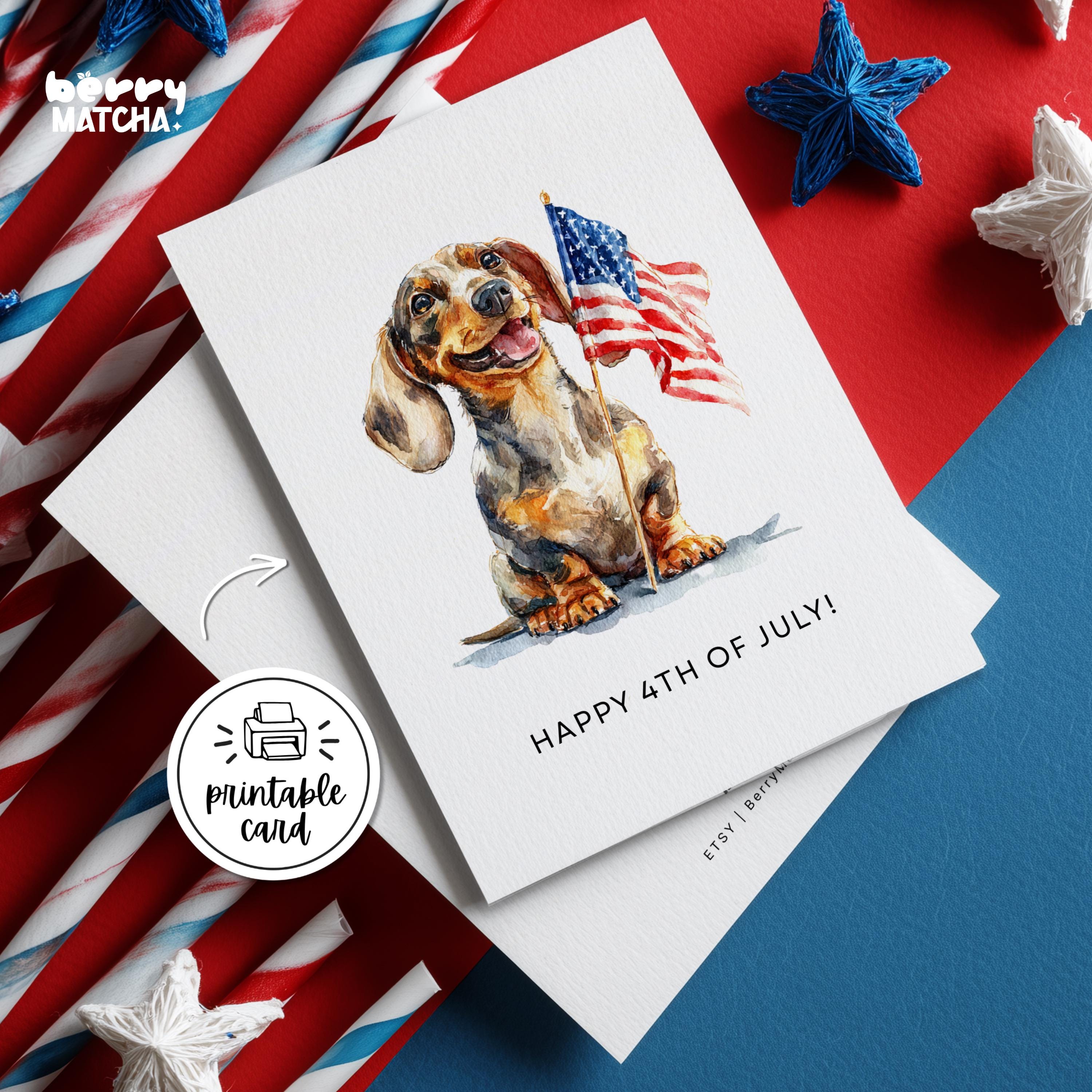 Dachshund 4th of July Printable Card, American Flag Wiener Dog