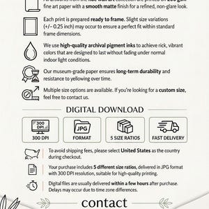print information for Roomdecorstudios, a company that specializes in print art. It provides details on how their artworks are printed, including the use of high-quality archival pigment ink and the availability of multiple size options. The image also includes a digital download option for customers to access their print art conveniently.