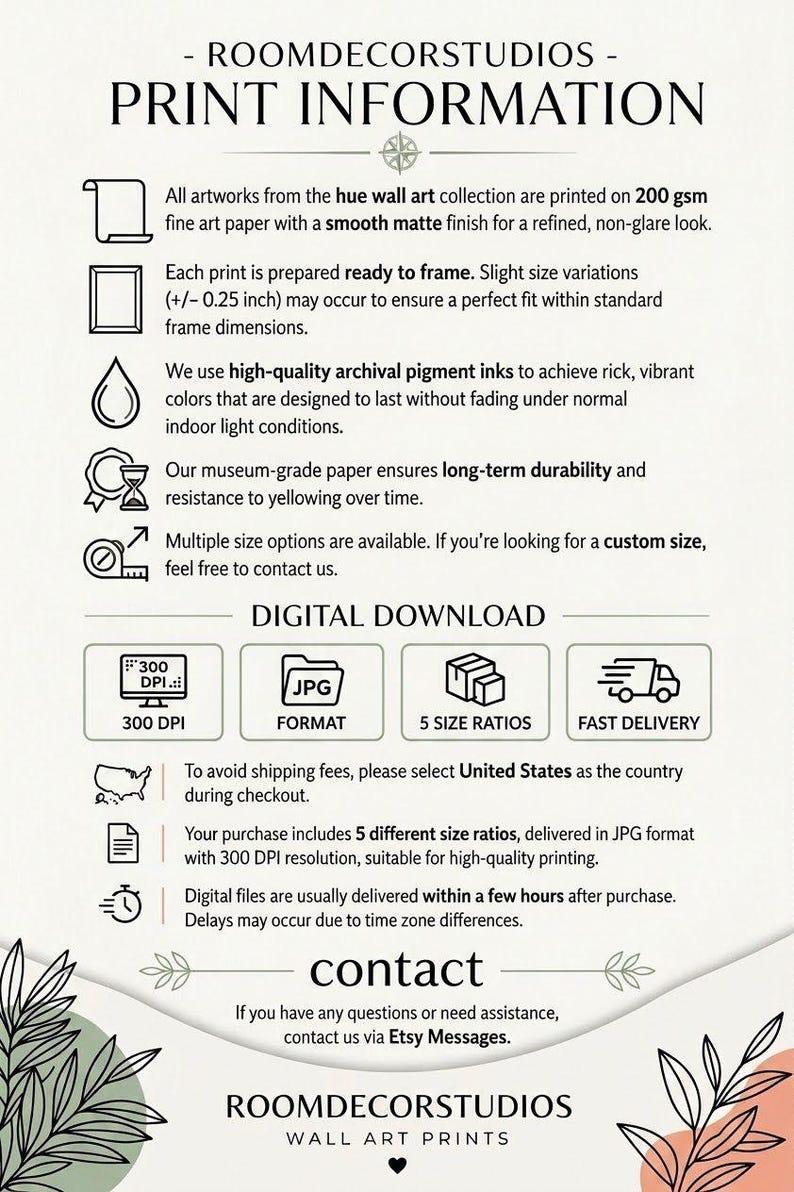 print information for Roomdecorstudios, a company that specializes in print art. It provides details on how their artworks are printed, including the use of high-quality archival pigment ink and the availability of multiple size options. The image also includes a digital download option for customers to access their print art conveniently.