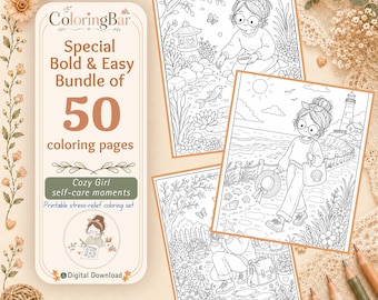 50 Bold and Easy Coloring Pages Cozy Girl, Coloring Book for Adults, Self Care Printable, Stress Relief Digital Download Large Print
