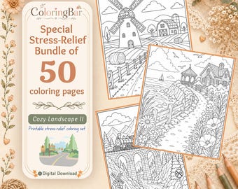 50 Cozy Landscape Coloring Pages for Adults, Printable Stress Relief Coloring Book, Cottage Countryside Nature PDF , Instant Download