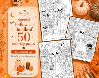 50 Creepy Kawaii Halloween Coloring Pages Bundle, Skelly Girl Chibi Monster Friends (Digital Download)