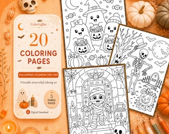 Halloween Coloring Pages for Kids, Spooky Printable Book, Kawaii Ghost, Pumpkins, Skeletons (Digital Download)
