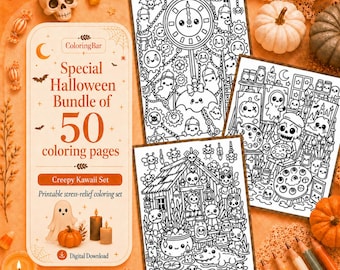 Spooky Halloween Coloring Bundle, 50 Unique Creepy Kawaii Coloring Pages Printable PDF, Instant Download Stress Relief