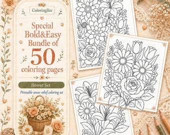 50 Flowers Coloring Pages, Easy Floral Painting Book Bundle, Bold Lines Printable PDF, Stress Relief Adult Coloring, Digital Download