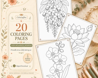 Thai Botanical Flowers Coloring Book, 20 Pages, Stress Relief Art (Digital Download)