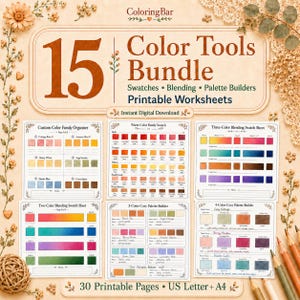 May include: A 15-piece color tools bundle featuring printable worksheets for swatches, blending, and palette building. The set includes a custom color family organizer, warm color swatches, and blending sheets in US Letter and A4 sizes.