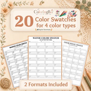 May include: A set of printable color swatch sheets featuring three distinct pages labeled Marker Color Swatch, Water Color Swatch, and Color Pencil Swatch. Each page contains multiple rectangular boxes with lines for color name and number.