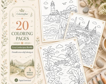 Cozy Landscapes Coloring Pages Bundle, Printable Stress Relief Nature Scenes (Digital Download)