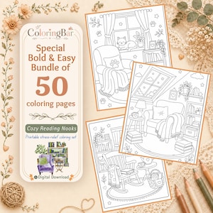 Cozy Reading Nook Coloring Pages, 50 Bold and Easy Adult Coloring Bundle, Printable Stress Relief PDF, Digital Download