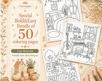 Bold and Easy Coloring Bundle, 50 Cozy Home Printable Pages, Large Print Trending Art for Stress Relief, Mindful Coloring Book PDF
