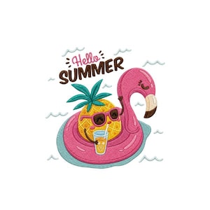 Hello Summer Pineapple Embroidery Design, Flamingo Float Machine Embroidery Pattern, Beach Pool Party PES DST, Cute Holiday Download