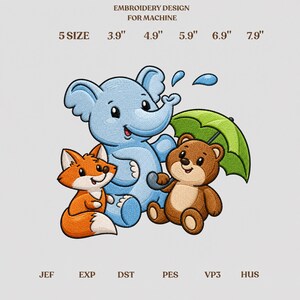 Cute Animals Machine Embroidery Design, Elephant Fox Bear with Umbrella Embroidery File Digital Download, PES DST JEF In 5 Sizes