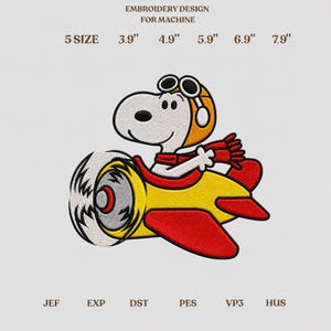 May include: Machine embroidery design featuring a white cartoon dog wearing a brown aviator cap and red scarf, piloting a yellow and red aeroplane. Text includes EMBROIDERY DESIGN FOR MACHINE and 5 SIZE 9.9 cm, 12.4 cm, 15.0 cm, 17.5 cm, 20.1 cm with file formats JEF, EXP, DST, PES, VP3, HUS.
