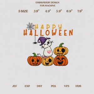 May include: Machine embroidery design featuring a white cat wearing a purple witch hat, sitting on orange jack-o'-lanterns with a spider web and the text HAPPY HALLOWEEN. Available in 5 sizes: 3.9", 4.9", 5.9", 6.9", and 7.9" inches.