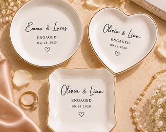 Personalized Engagement Ring Dish, Custom Ceramic Jewelry Trinket Tray, Bridal Shower Keepsake, Wedding Gift for Bride Groom Couples