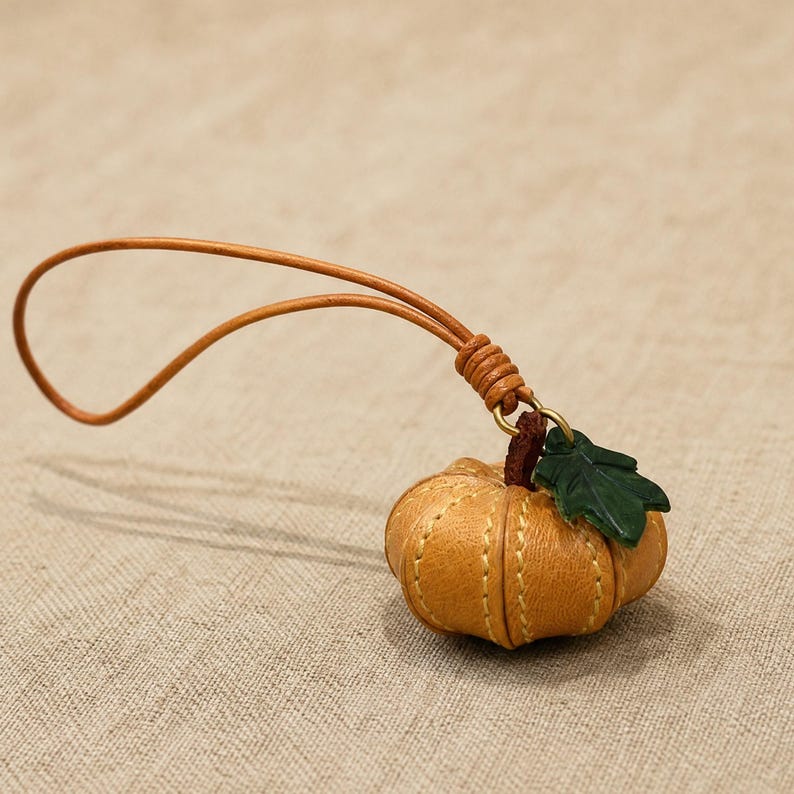 Puede incluir: Un peque&ntilde;o dije de calabaza de cuero color canela con detalles de costuras verticales, un tallo marr&oacute;n oscuro y una hoja de cuero verde oscuro. La calabaza est&aacute; unida a un lazo de cord&oacute;n de cuero fino con un nudo para colgarla.