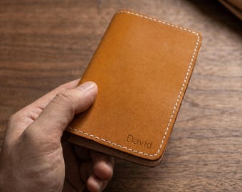 Cartera delgada de cuero hecha a mano, tarjetero fino de cuero curtido vegetal, cartera minimalista plegable para hombre y mujer, cartera EDC de viaje, regalo para él.