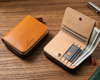 Cartera plegable de cuero personalizada, tarjetero RFID para mujer, monedero con cremallera de cuero curtido vegetal, regalo de Navidad