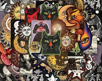 Pacote com 50 adesivos Mystic Moon, adesivos escuros, adesivos antigos, adesivos mágicos, adesivos celestiais para diários, álbuns e decoração de quartos.