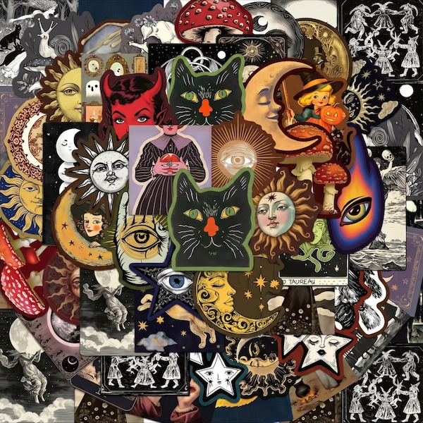 50PCS Mystic Moon Sticker Pack, Dark Stickers, Antique Stickers, Magical Stickers, Celestial Stickers for Journals, Albums, Room Decor